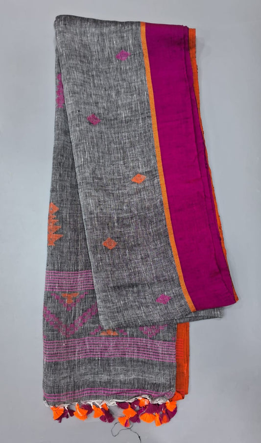 Grey khadi linen saree