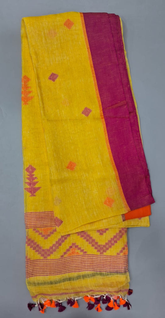 Lemon Yellow khadi linen saree