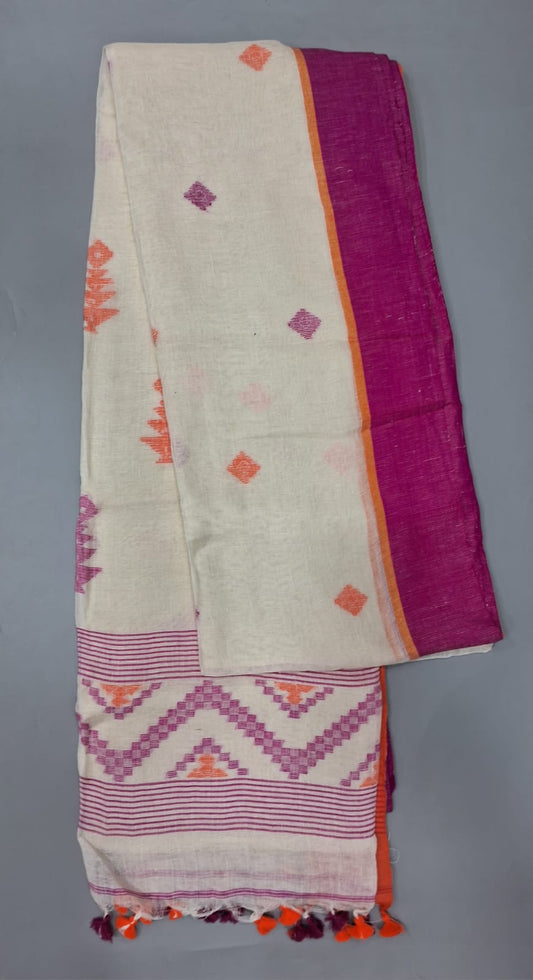 Milk White khadi linen saree