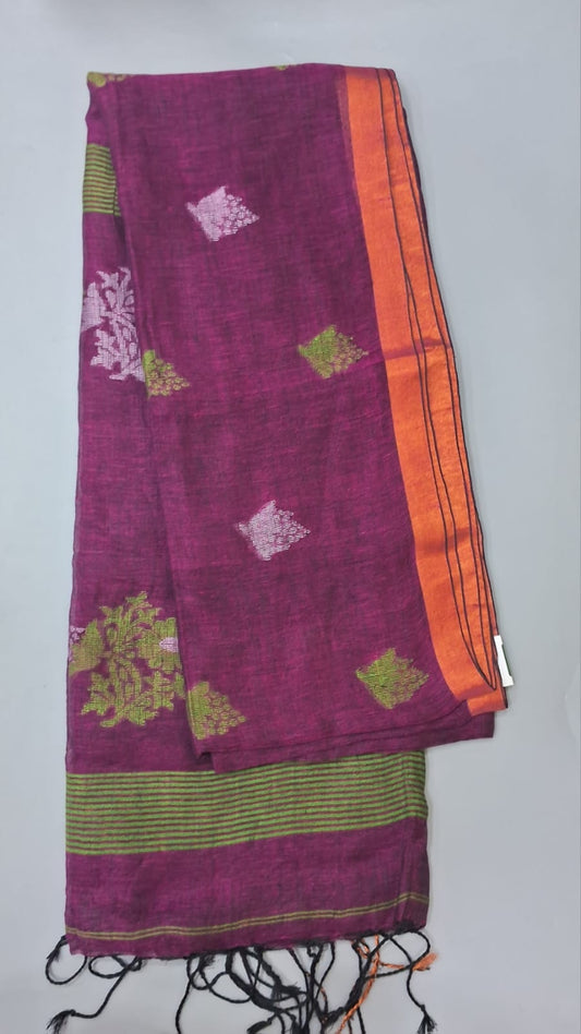 Majenta Pink khadhi Linen Saree