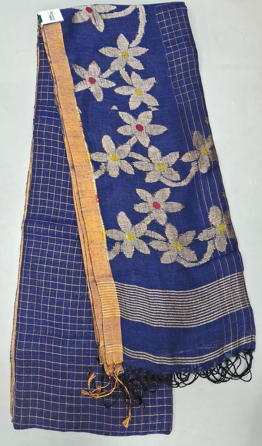 Navy Blue Khadi Linen Saree