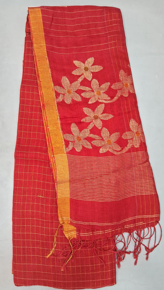 Tomato Red Khadi Linen Saree