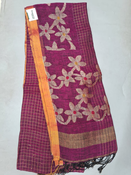 Wine Khadi Linen Saree