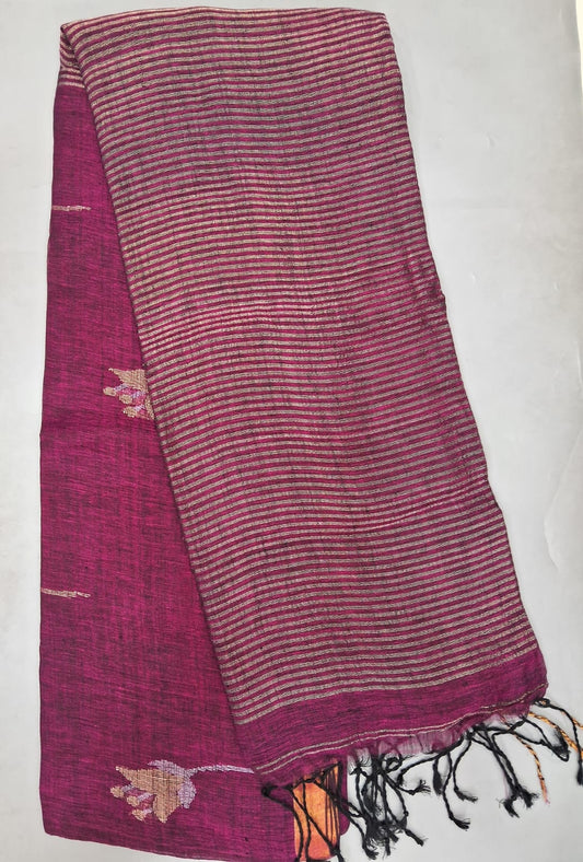 Wine Khadi Linen Saree