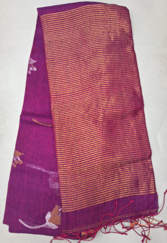 Wine Khadi Linen Saree