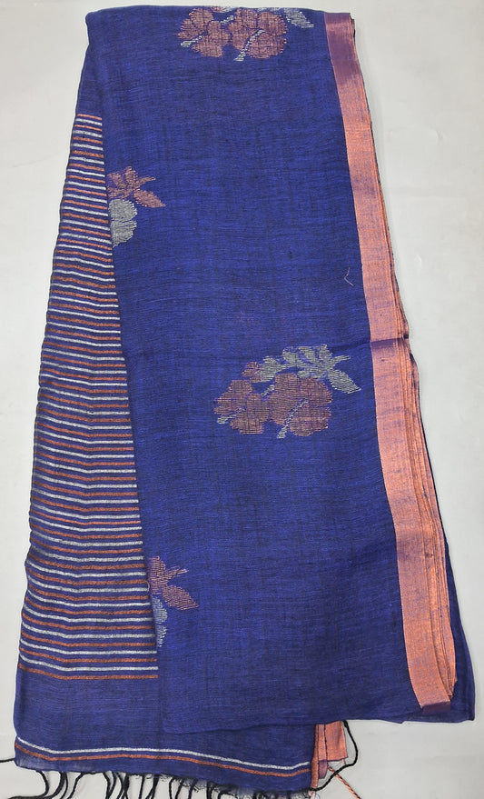 Navy Blue Khadi Linen Saree