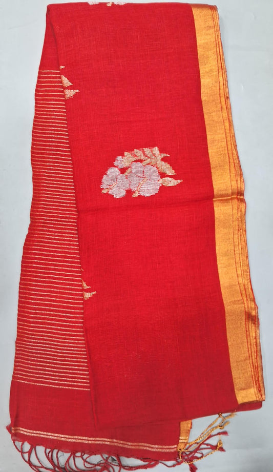 Fire Red Khadi Linen Saree