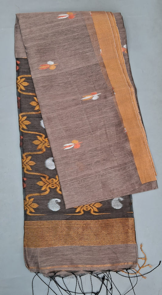 Taupe Brown Khadi Linen Saree