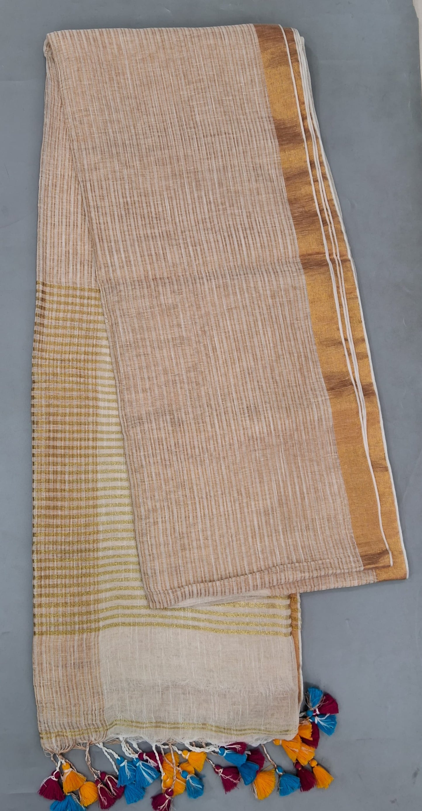 Beige Khadi Linen Saree