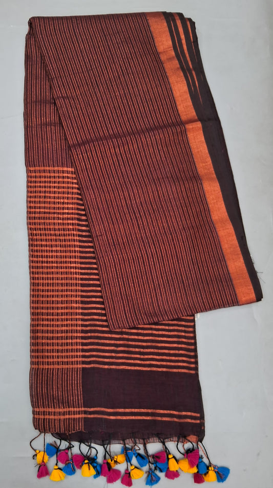 Walnut Brown Khadi Linen Saree