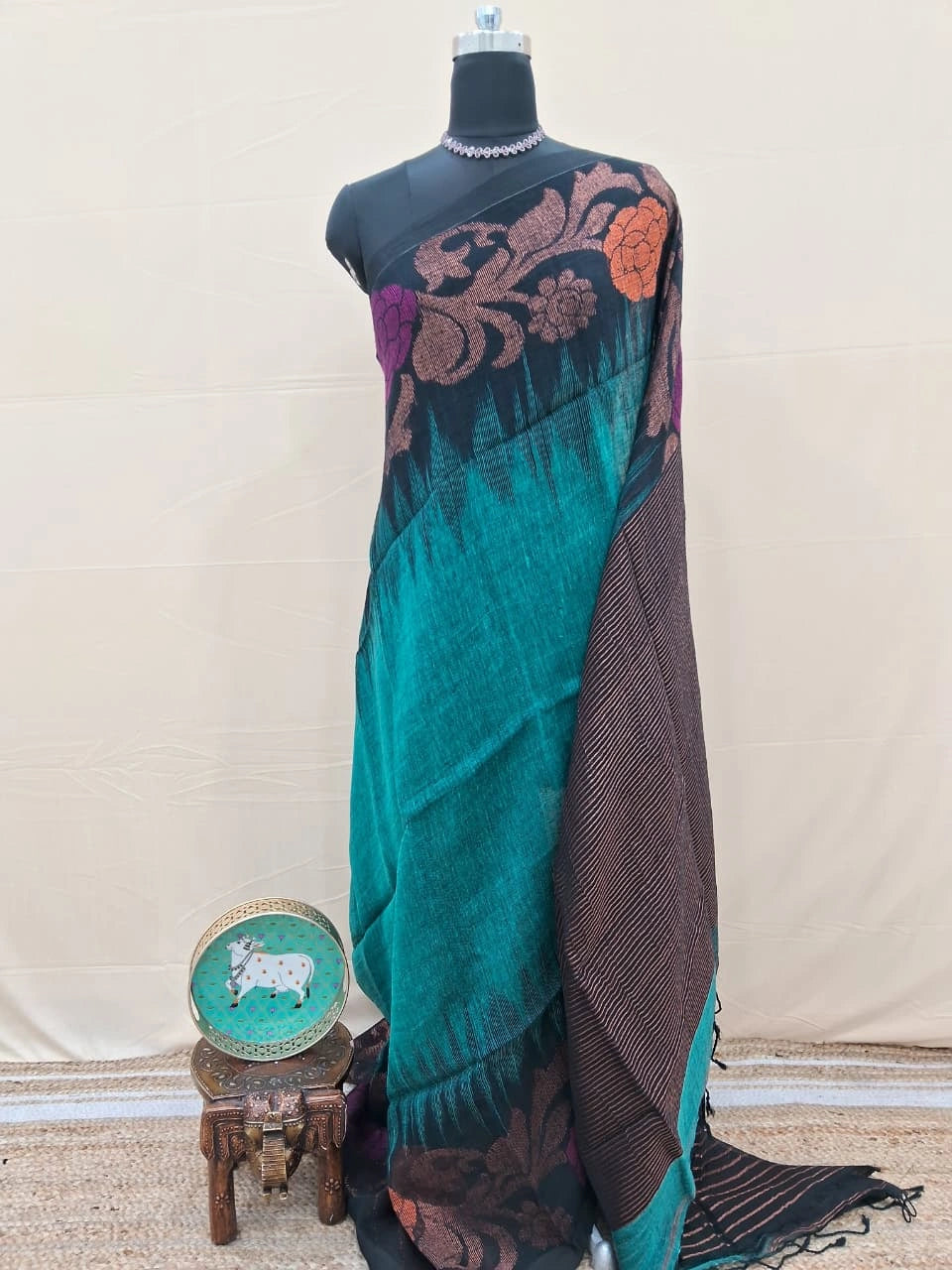 Teal Blue Khadhi Linen Saree 