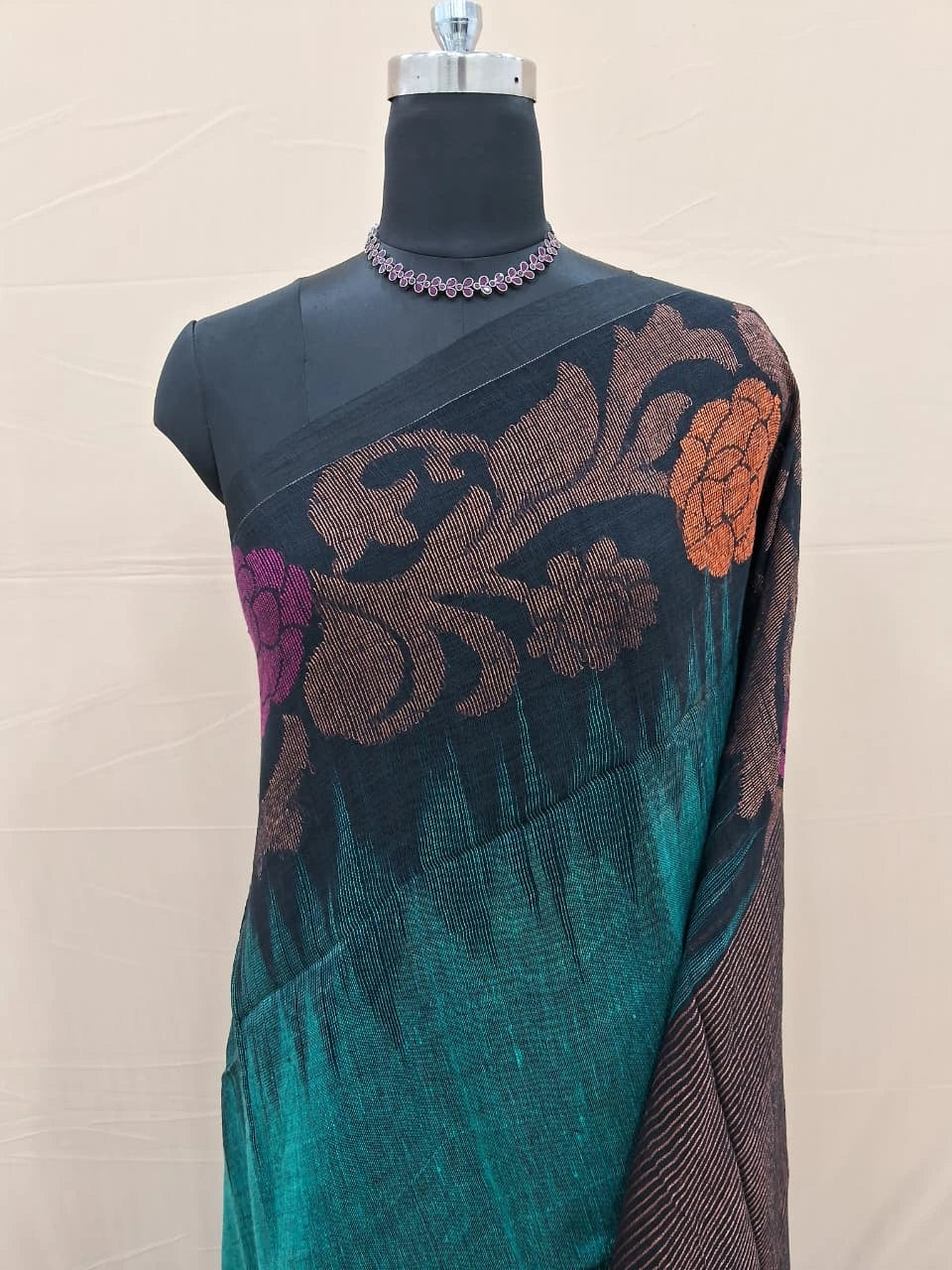 Teal Blue Khadhi Linen Saree 1