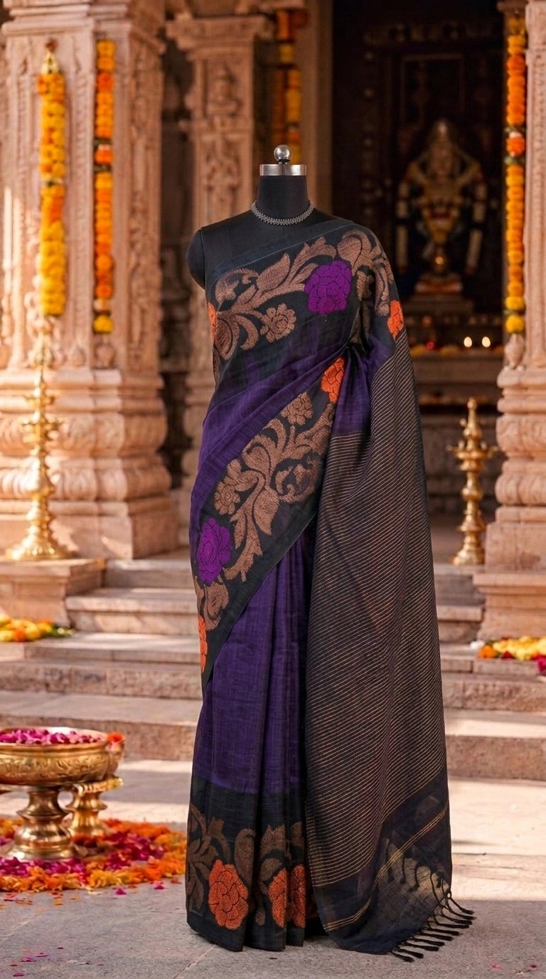 Eggplant Purple Khadi Linen Saree 