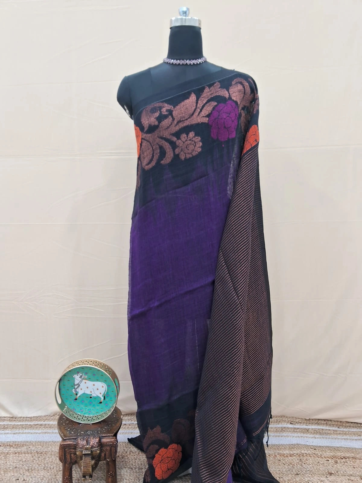 Eggplant Purple Khadi Linen Saree 
