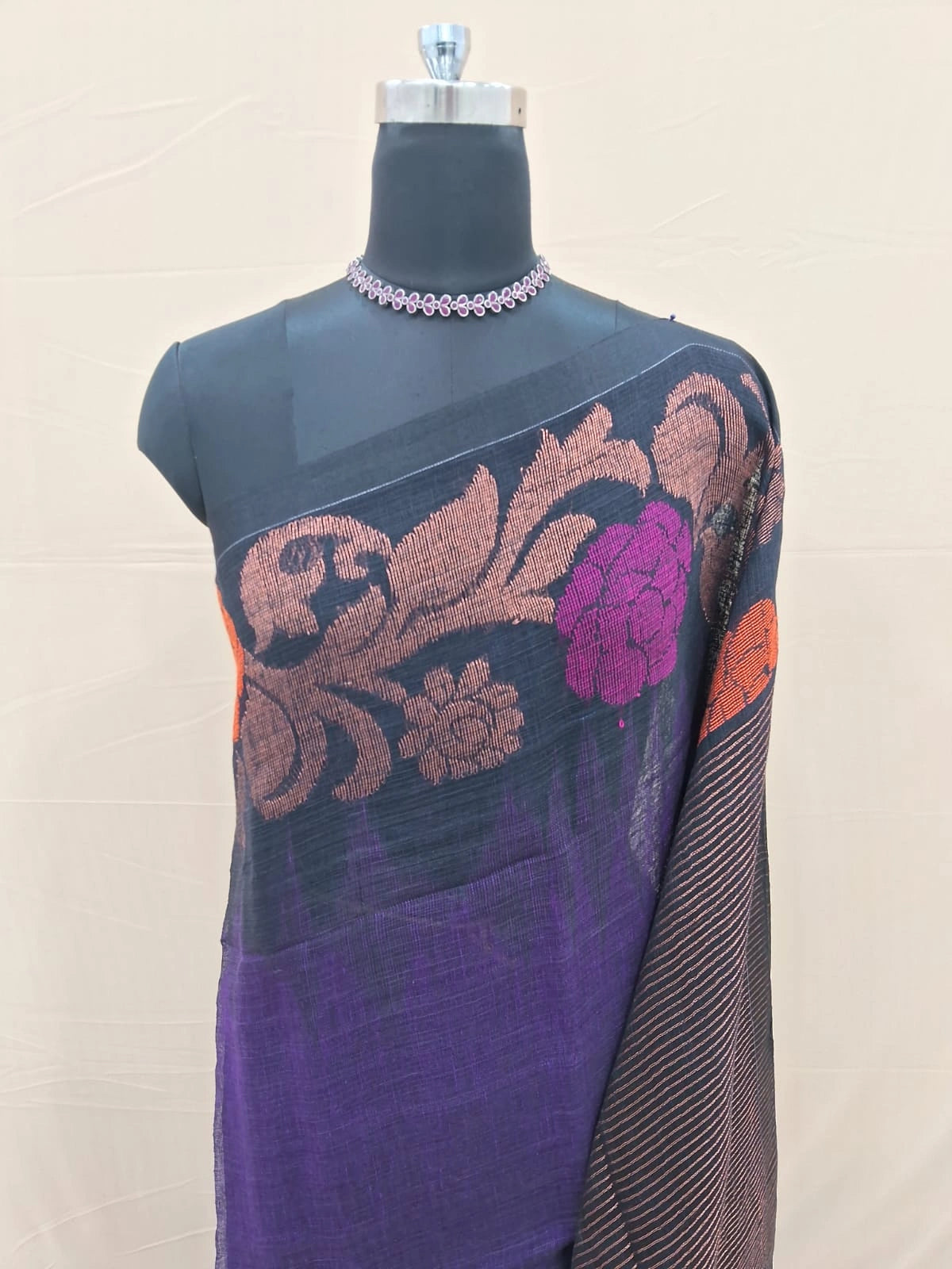 Eggplant Purple Khadi Linen Saree 1