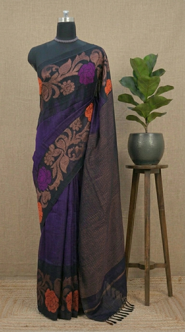 Eggplant Purple Khadi Linen Saree 