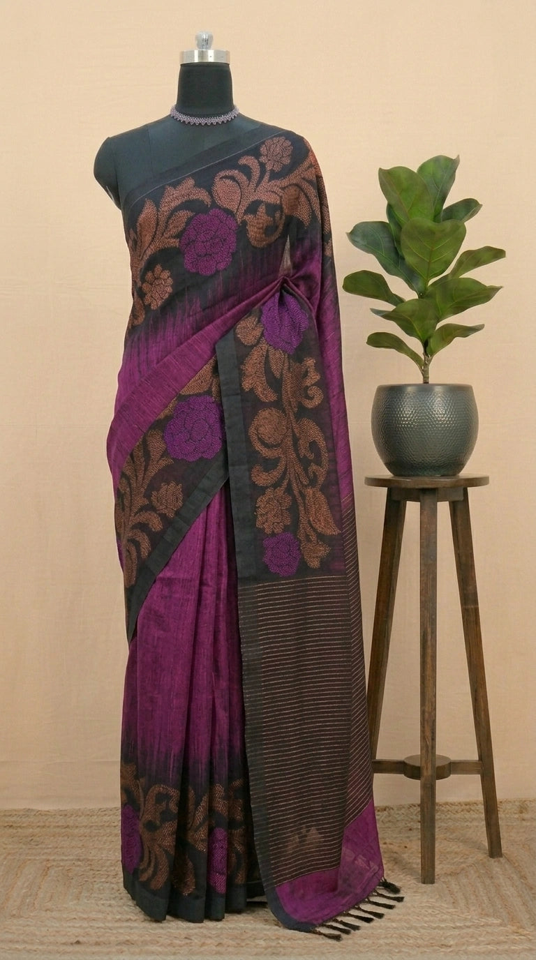 Wine Khadhi Linen Saree 