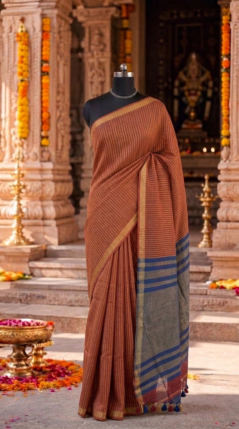 Brick Red Pure Khadhi Linen Saree 