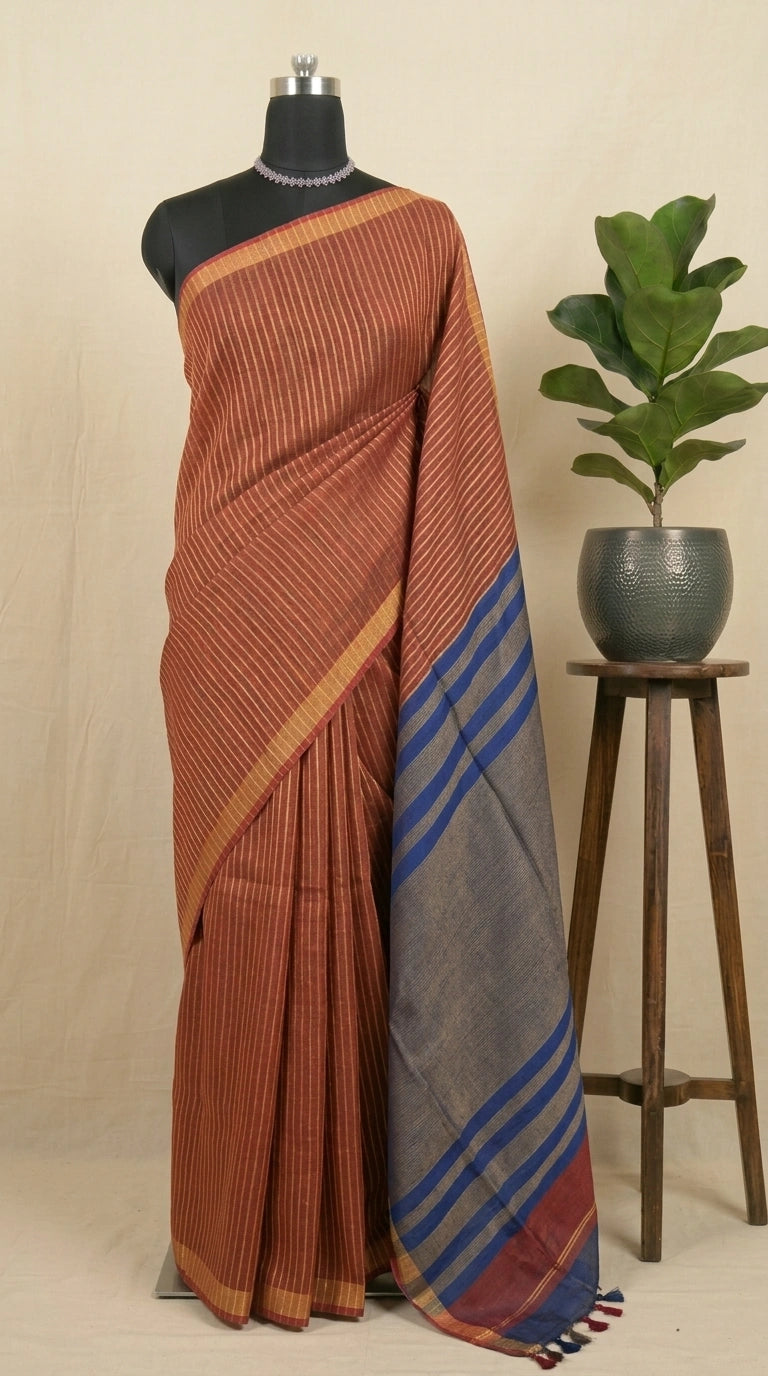 Brick Red Pure Khadhi Linen Saree 
