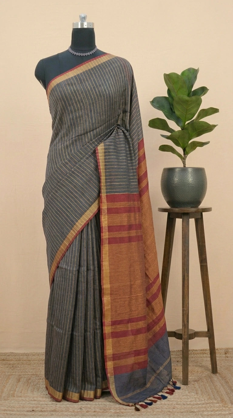 Elephant Grey Khadhi Linen Saree 