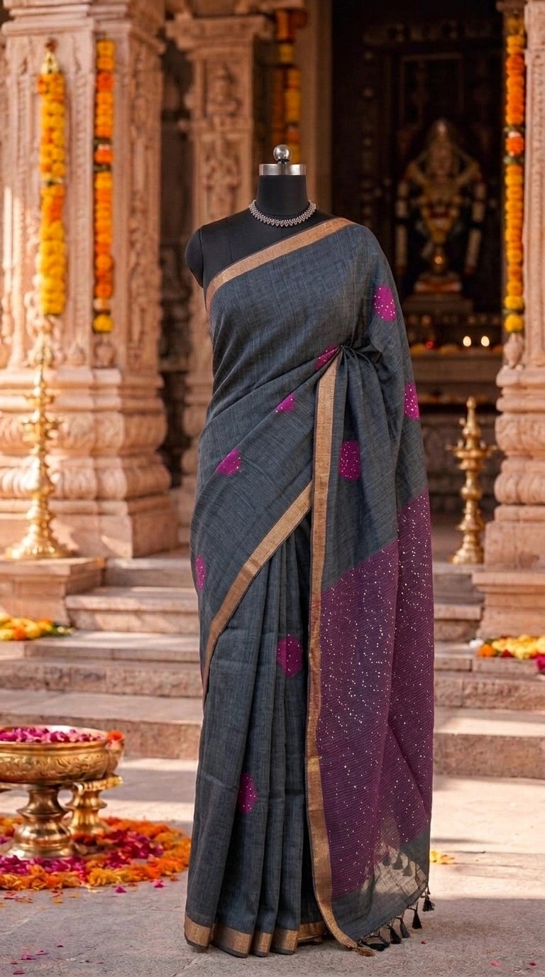 Elegant Dark Grey Khadi Linen Saree