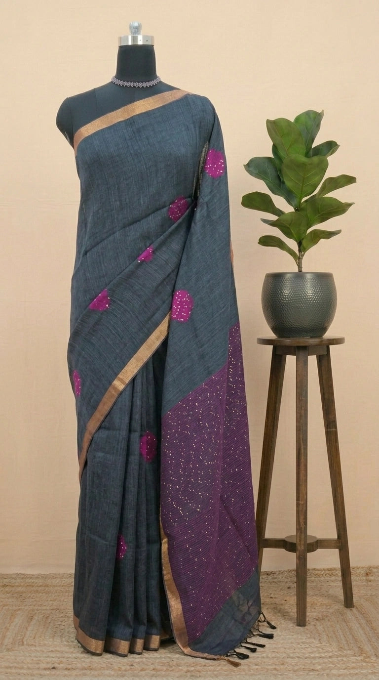 Elegant Dark Grey Khadi Linen Saree
