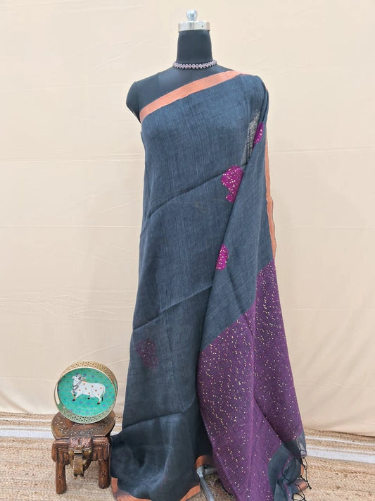 Elegant Dark Grey Khadi Linen Saree
