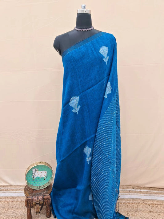 Royal Blue Khadhi Linen Saree 