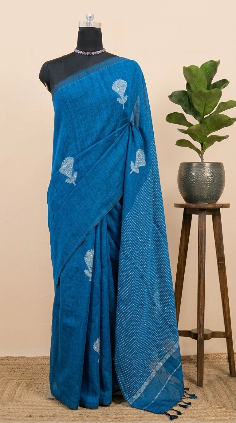 Royal Blue Khadhi Linen Saree 