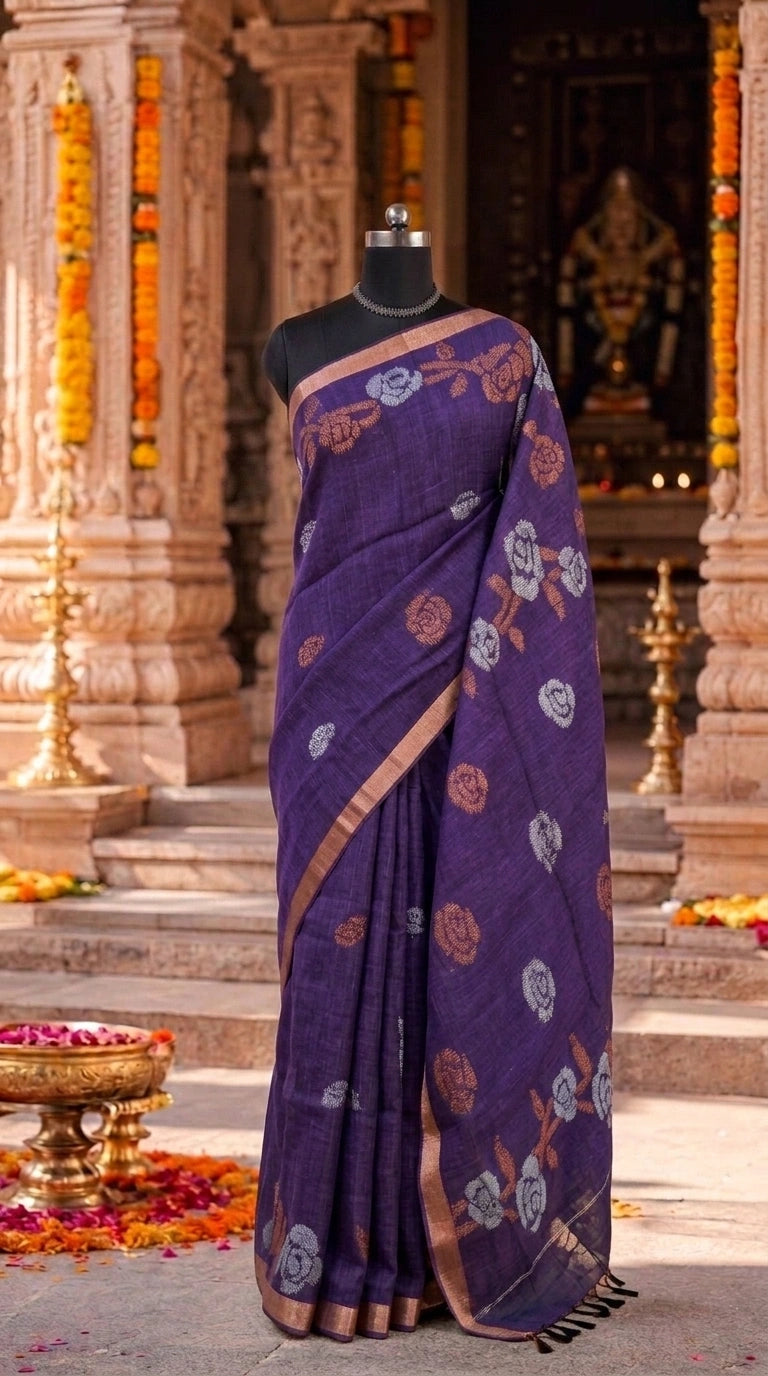 Dark Blue Khadhi Linen Saree 