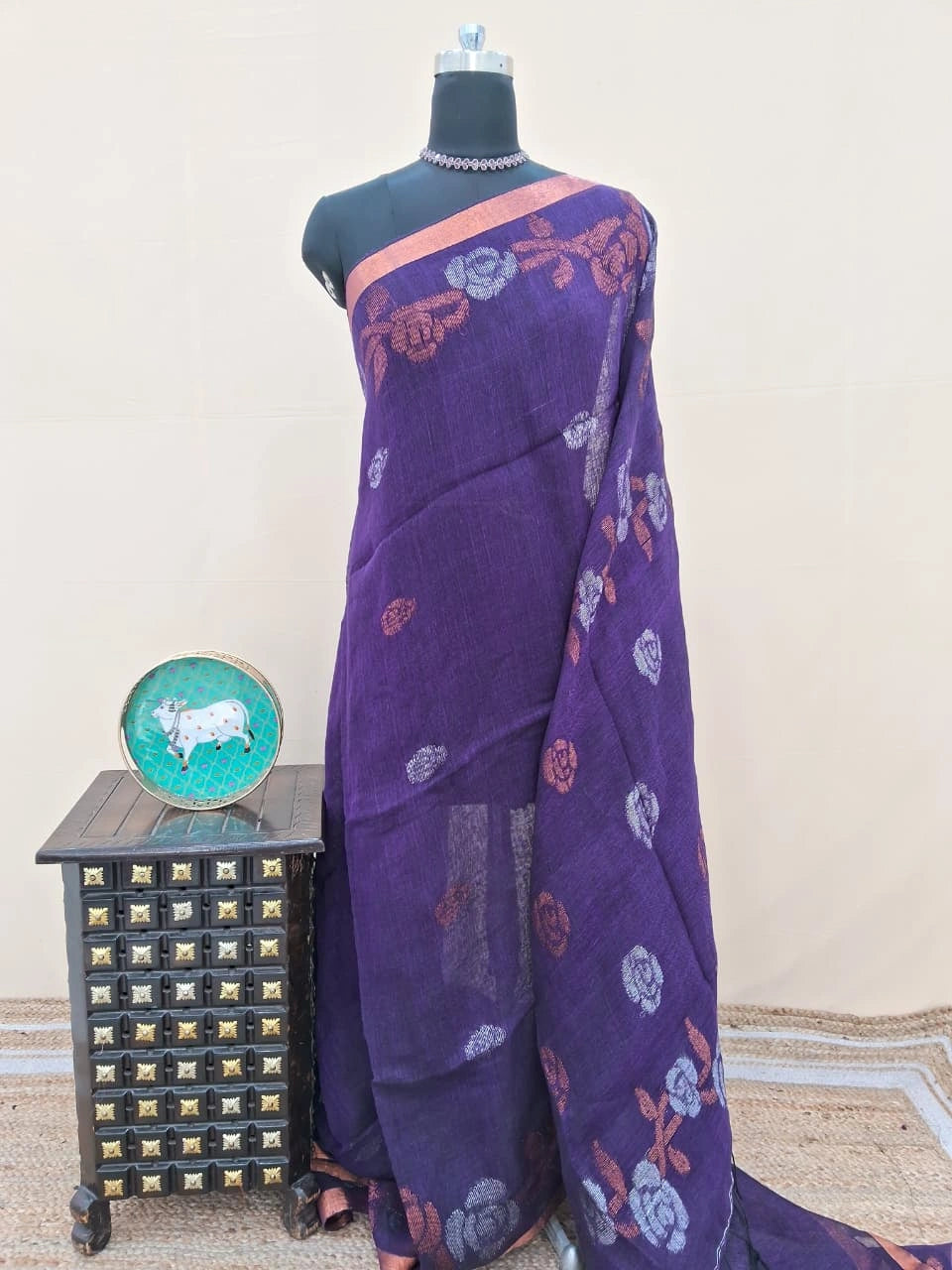 Dark Blue Khadhi Linen Saree 