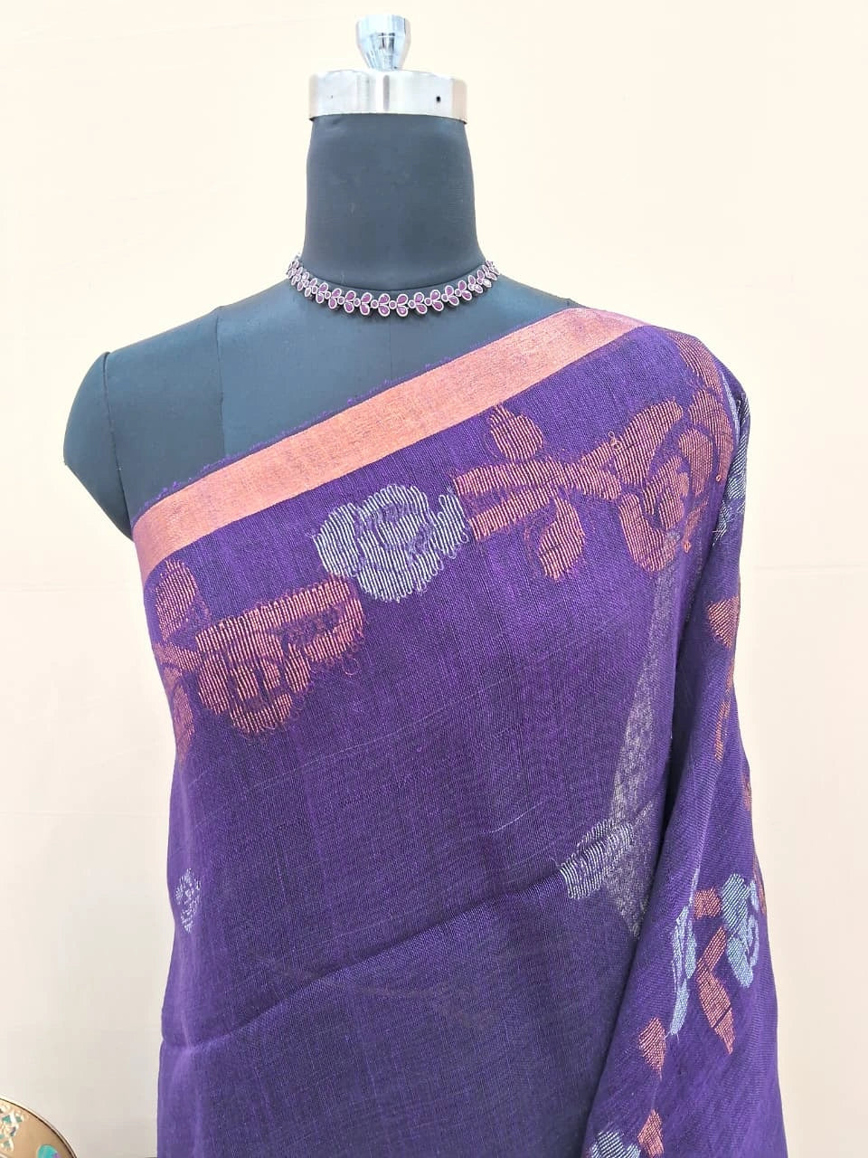 Dark Blue Khadhi Linen Saree 1