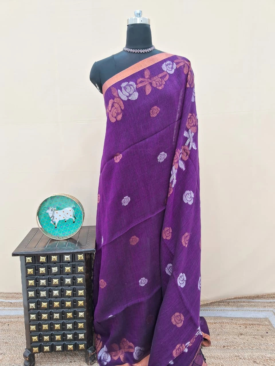 Dark Wine Khadhi Linen Saree