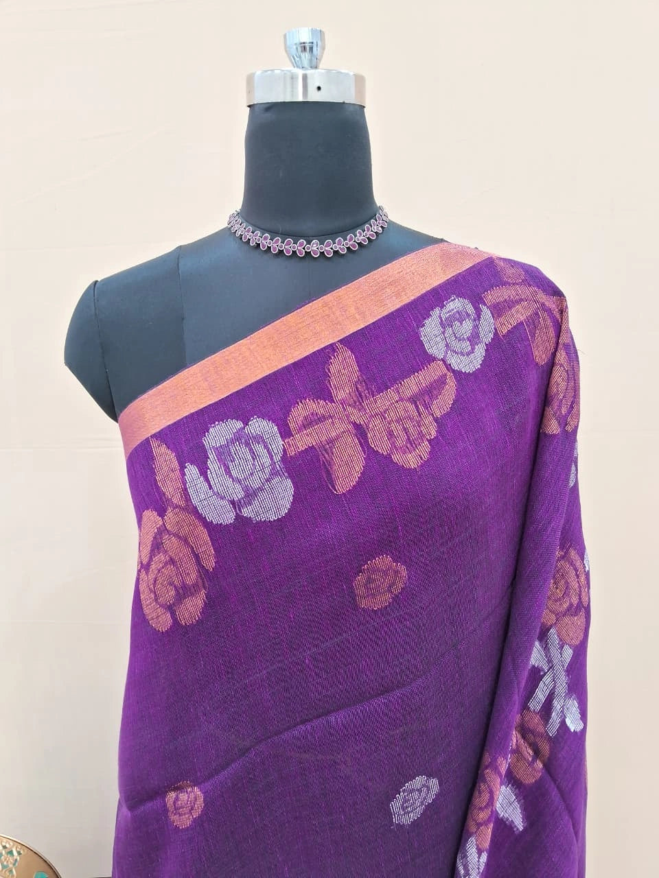 Dark Wine Khadhi Linen Saree 1