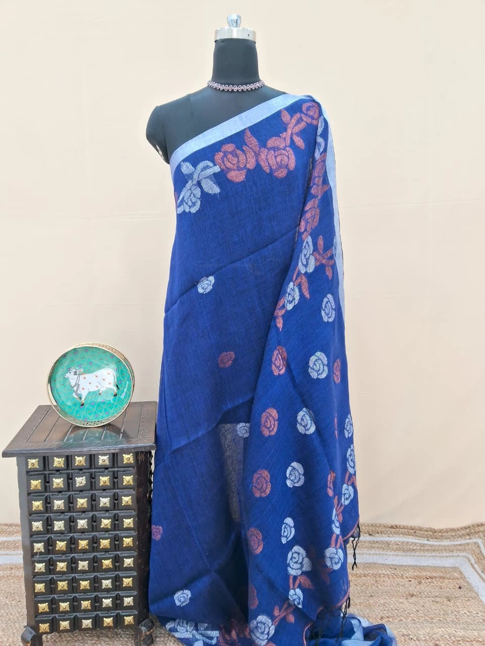 Regal Royal Blue Khadi Linen Saree