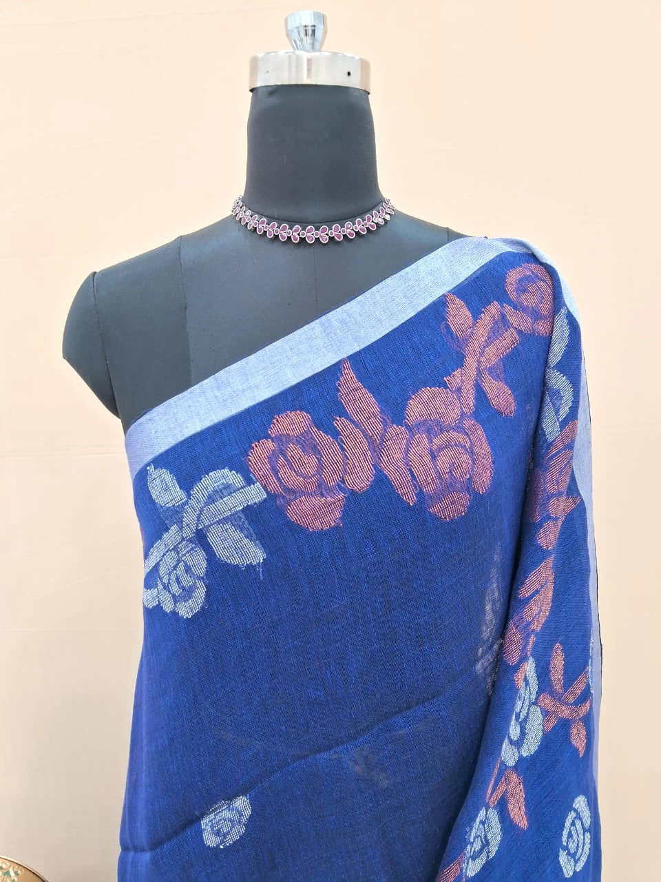 Regal Royal Blue Khadi Linen Saree 1