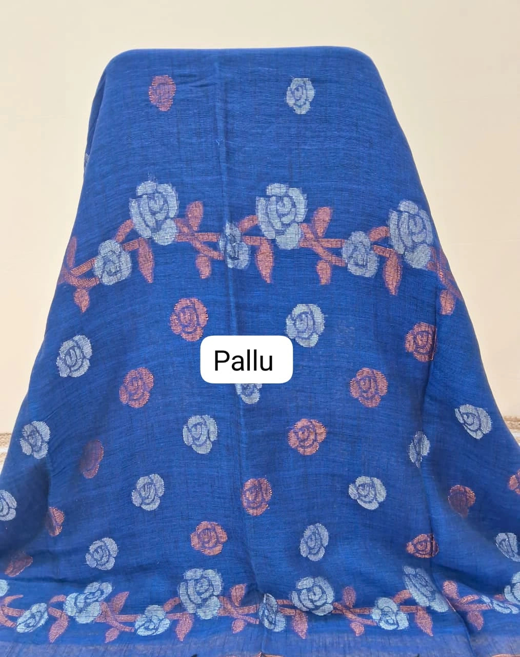Regal Royal Blue Khadi Linen Saree pallu