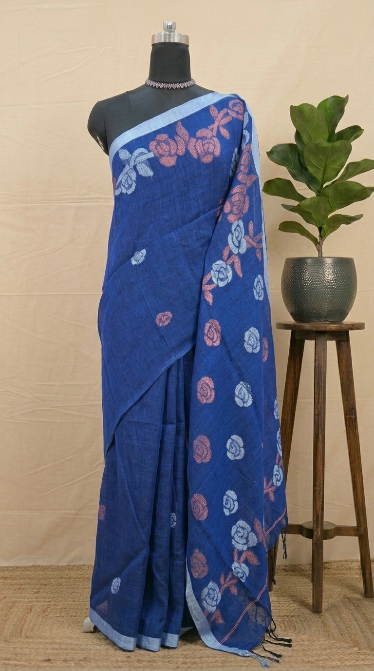 Regal Royal Blue Khadi Linen Saree