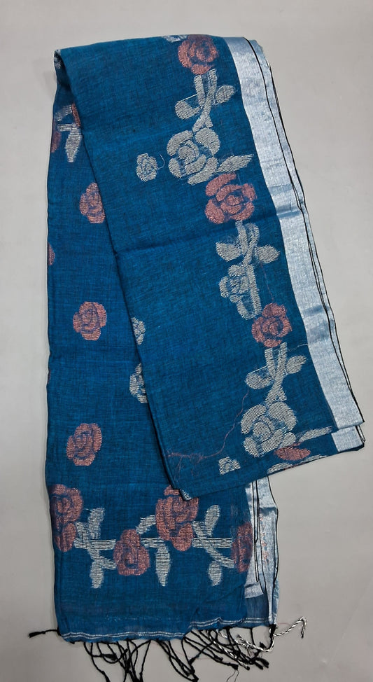 Marine Blue Khadhi Linen Saree
