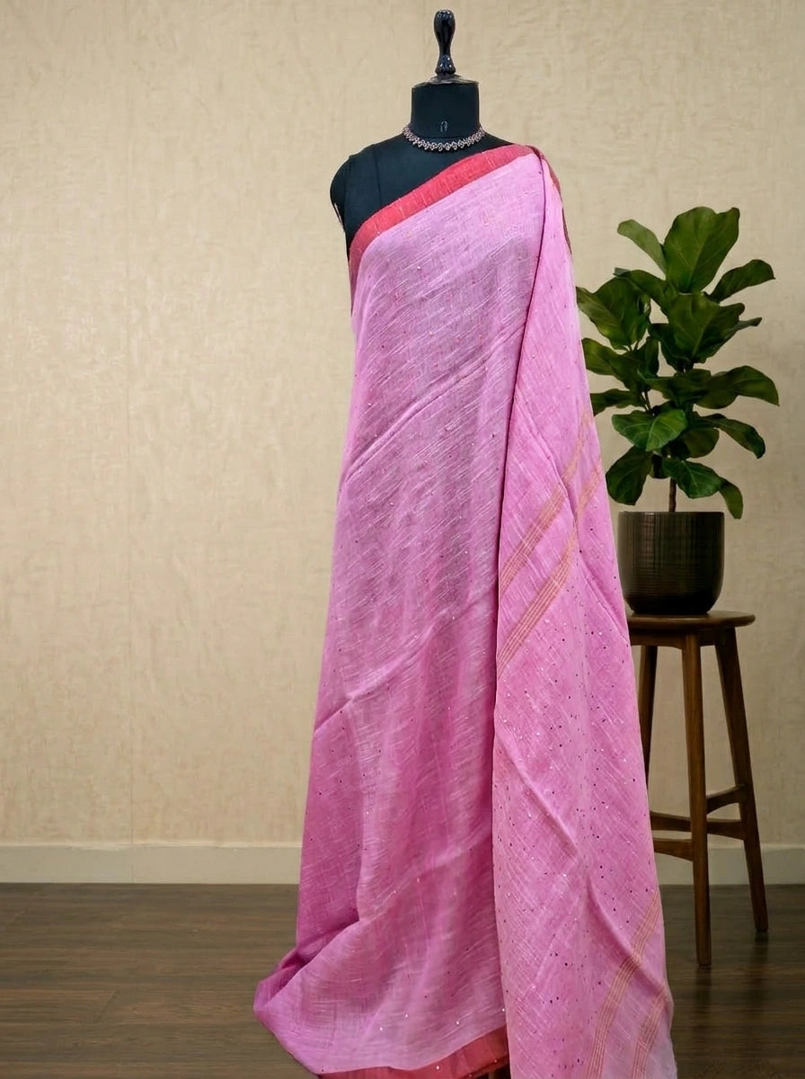 Baby Pink Khadhi Linen Saree