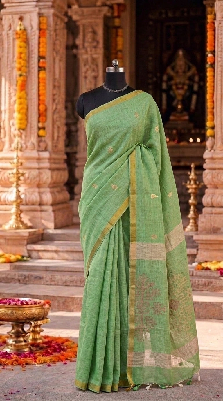 Bright Green Khadhi Linen Saree 