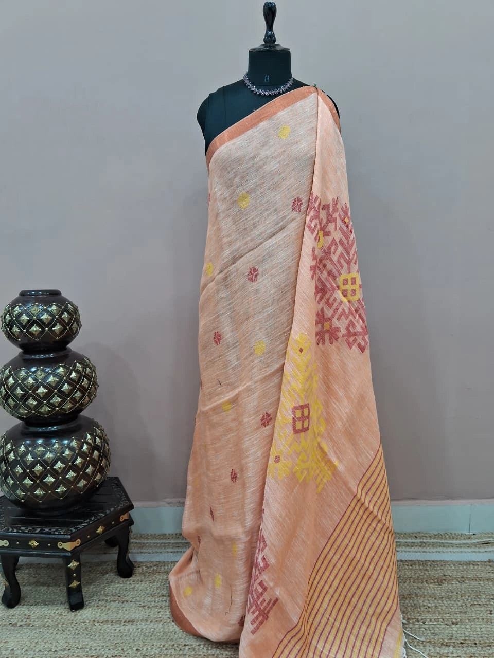 Peach Khadhi Linen Saree 