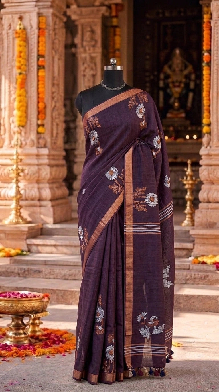 Dark Walnut Brown Plain Organic Linen Saree