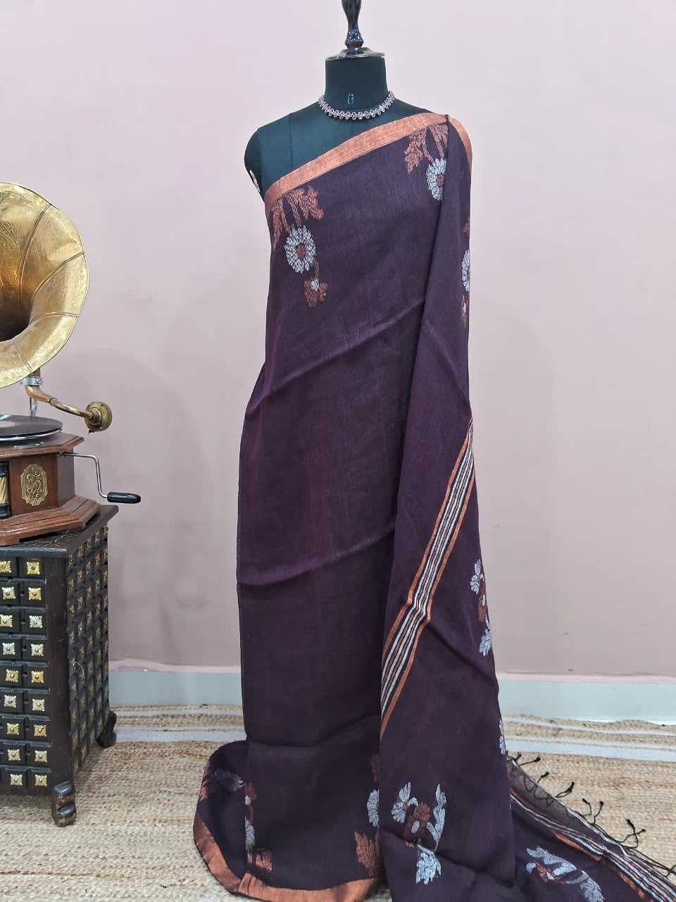 Dark Walnut Brown Plain Organic Linen Saree