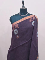 Dark Walnut Brown Plain Khadhi Linen Saree  1