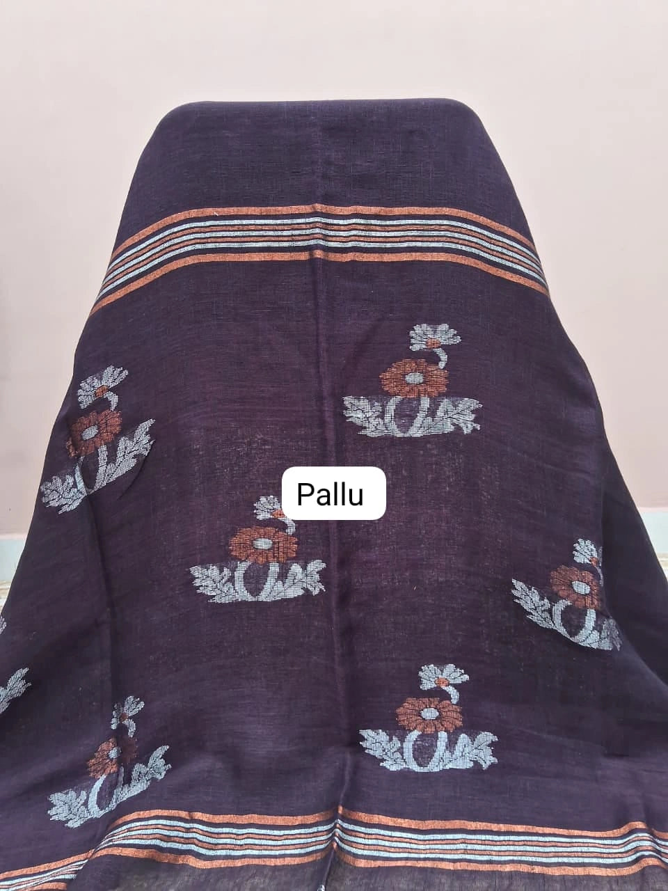 Dark Walnut Brown Plain Khadhi Linen Saree  Pallu