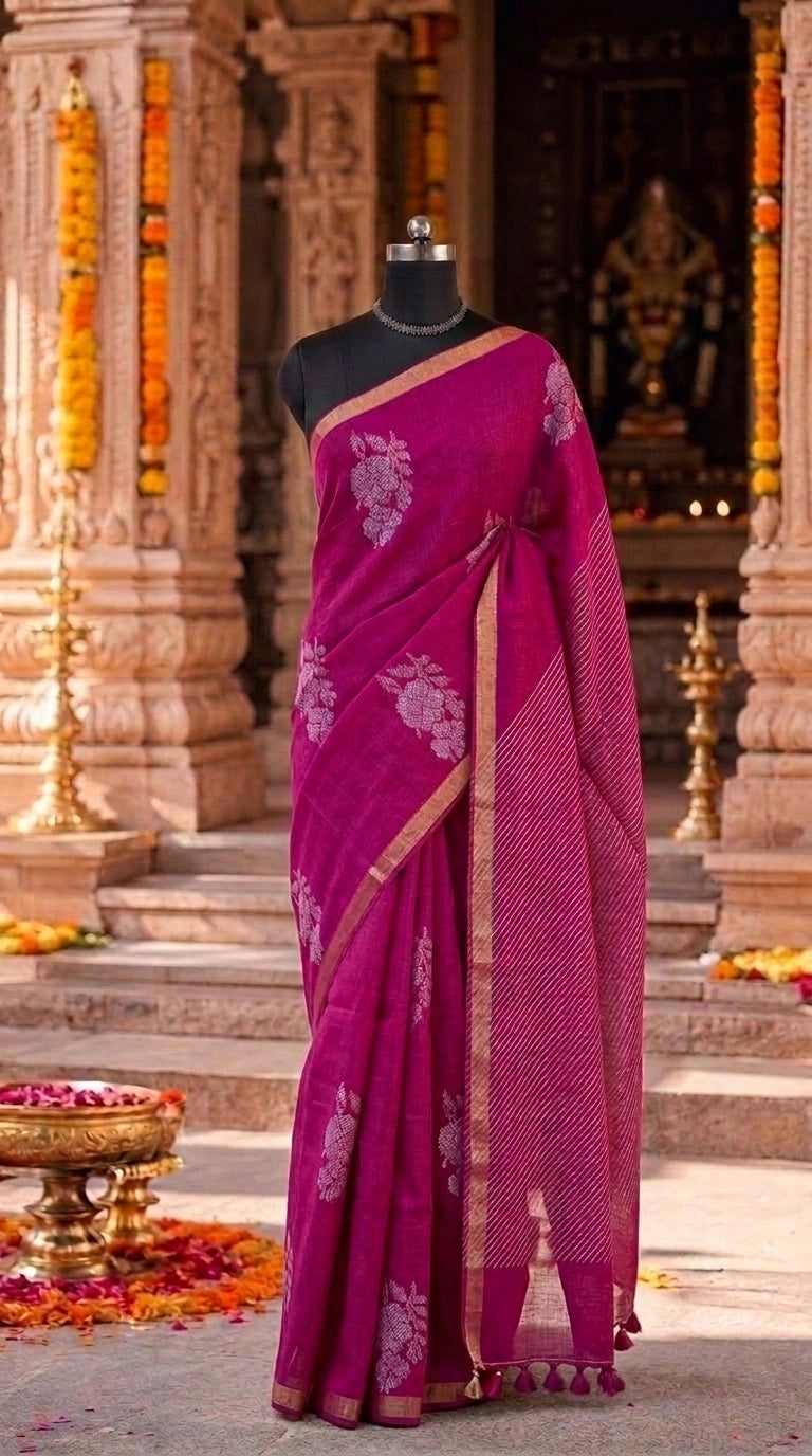 Pink Organic Linen Saree
