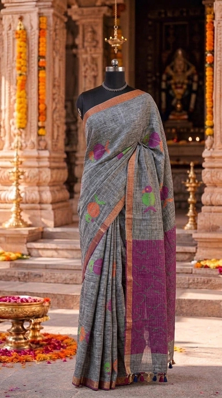 Elephant Grey Organic Linen Saree