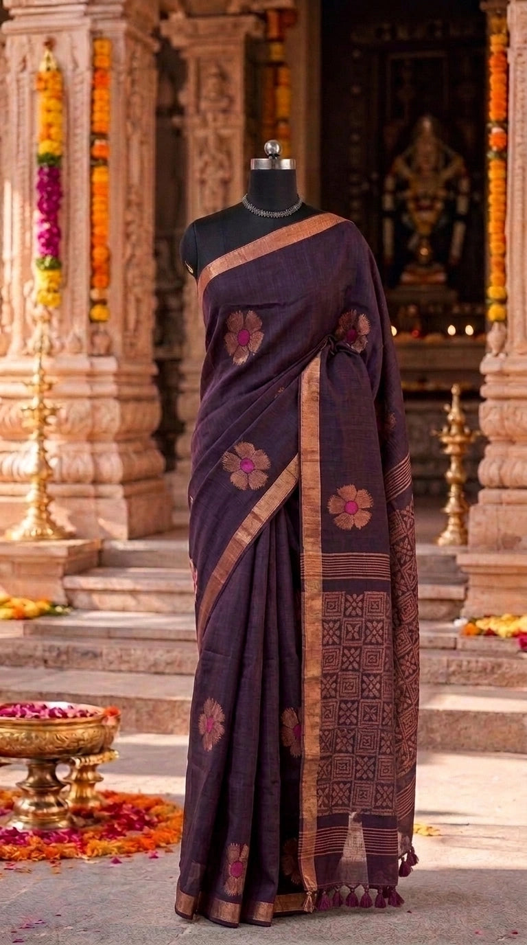 Dark Brown Organic Linen Saree