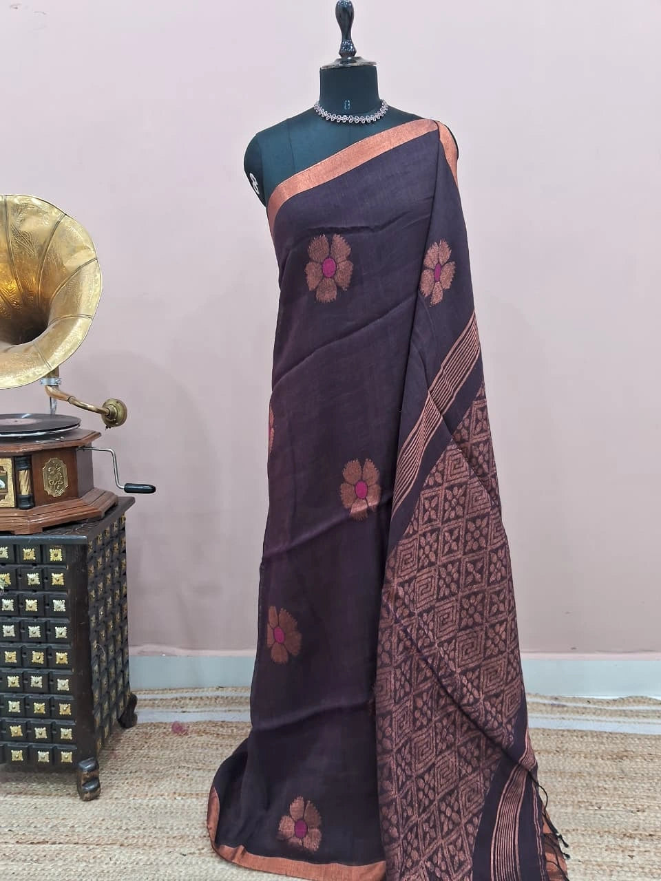 Dark Brown Organic Linen Saree